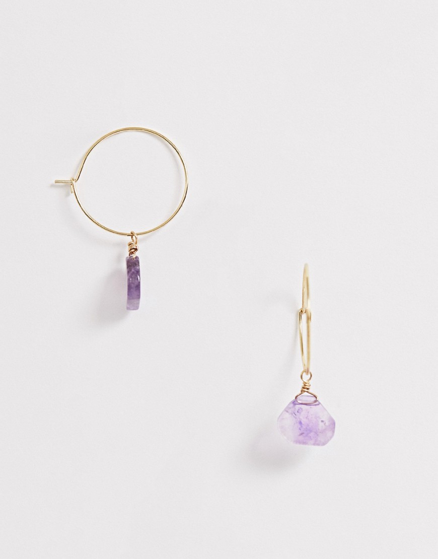 Asos Design Hoop Earrings With Semi-precious Agate Stone In Gold Tone