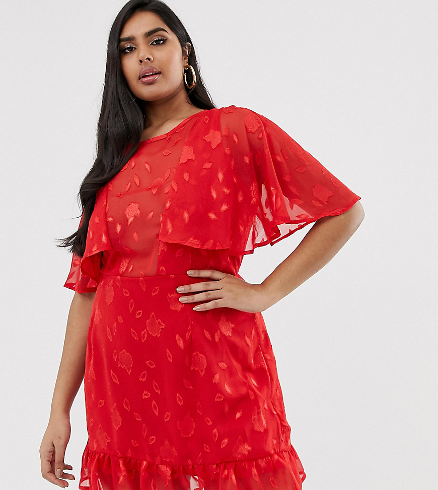 Lasula Plus plunge cape mini dress with frill hem in red lace overlay