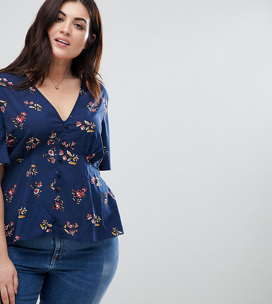 Influence Plus Button Front Tea Blouse In Floral Print - Navy