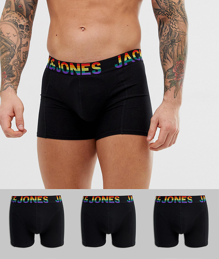 Jack & Jones 3 pack trunks with rainbow waistband in black