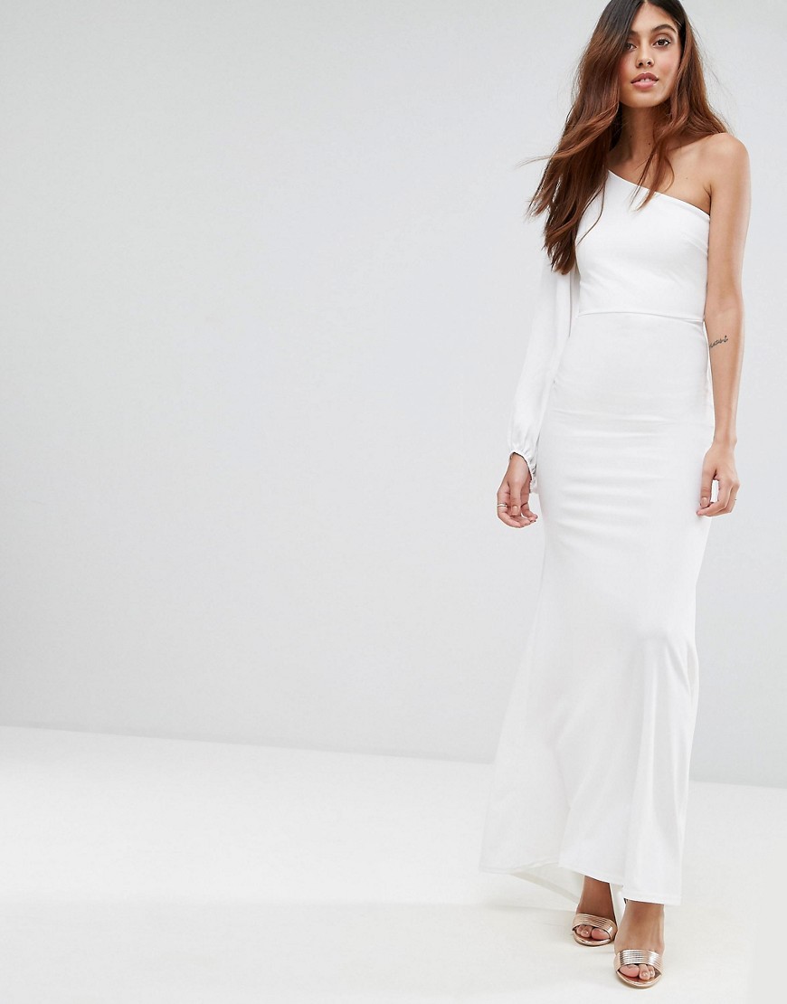 TFNC Off Shoulder Fishtail Maxi Dress With One Shoulder Blouson Sleeve - White