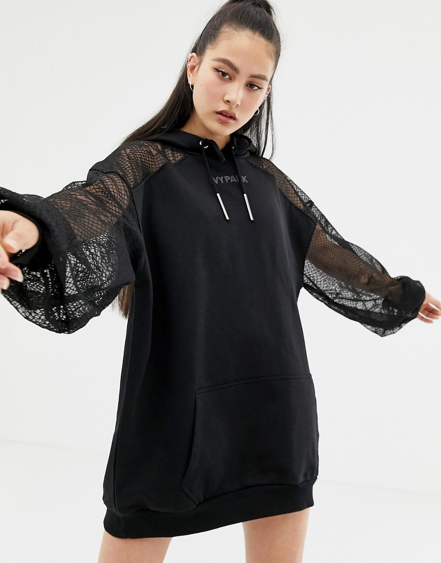 Ivy Park lace detail hoodie dress in black