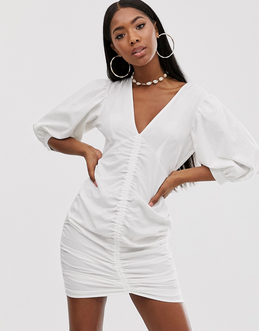 Asos Design Ruched Mini Dress With Puff Sleeves-white