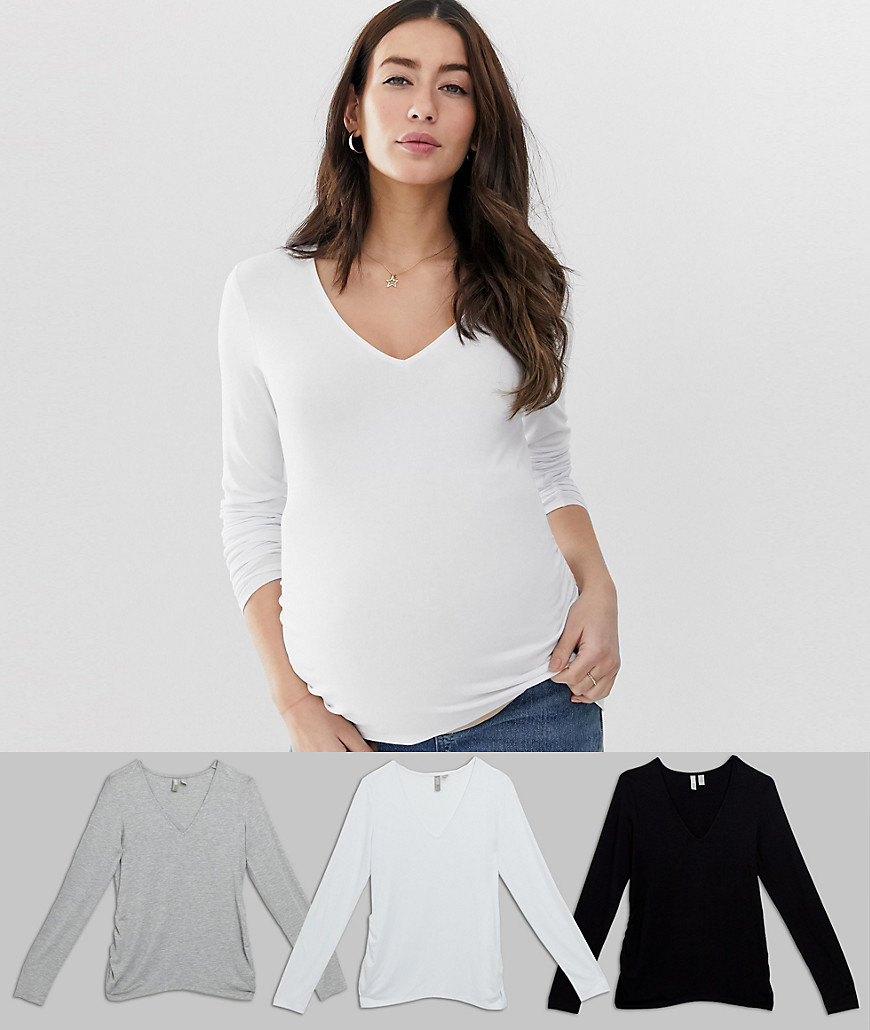 ASOS DESIGN Maternity ultimate top with long sleeve and v-neck with ruching 3 pack SAVE