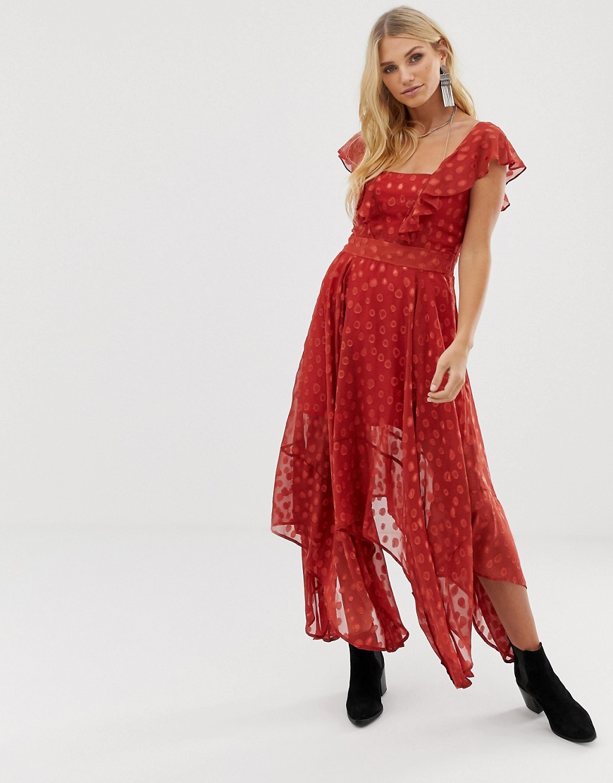 Religion maxi dress in sheer dobby with frill detail