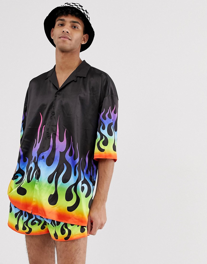 Jaded London festival co-ord shorts in black with rainbow flames