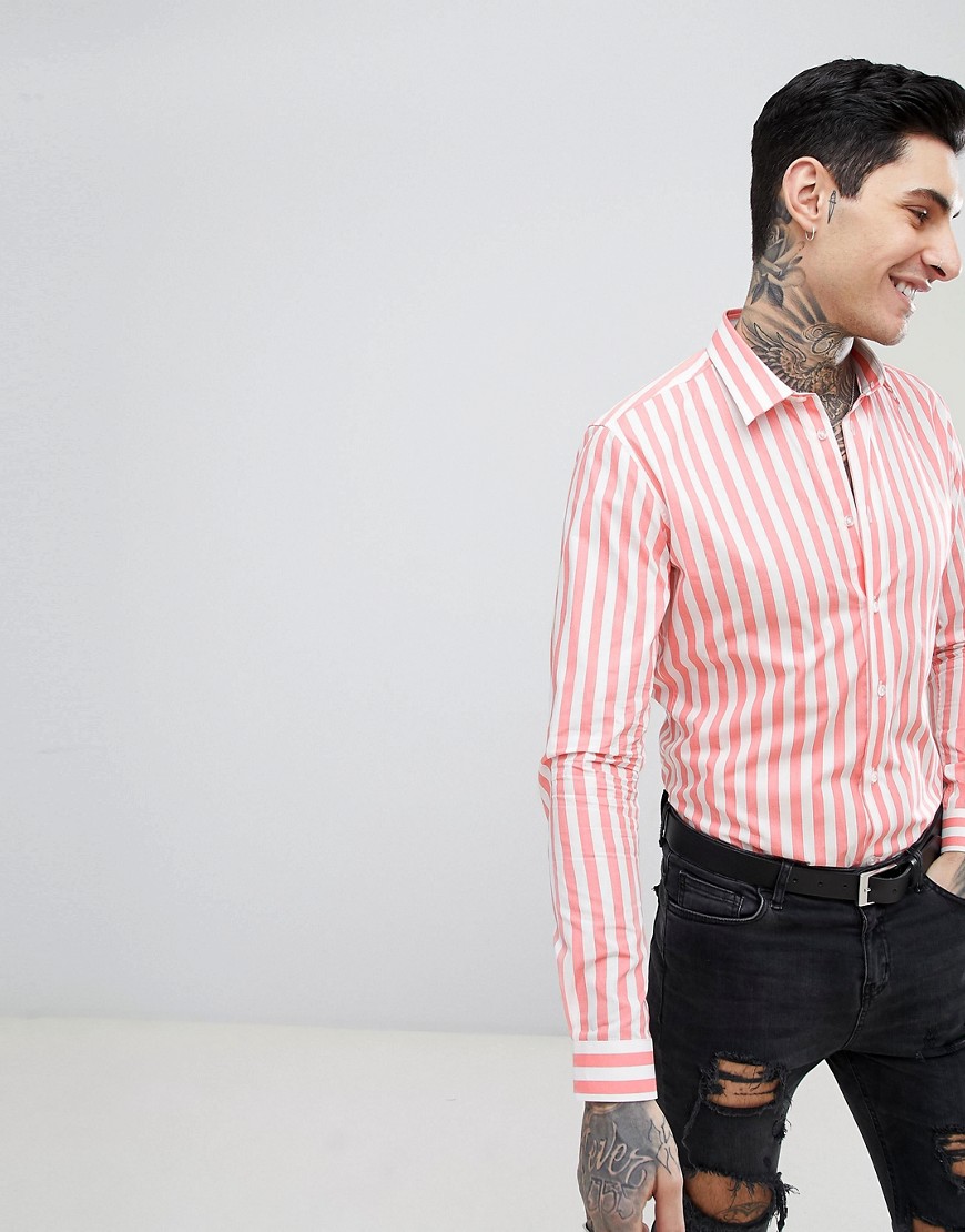 Devil's Advocate Long Sleeve Slim Fit Striped Shirt - Pink