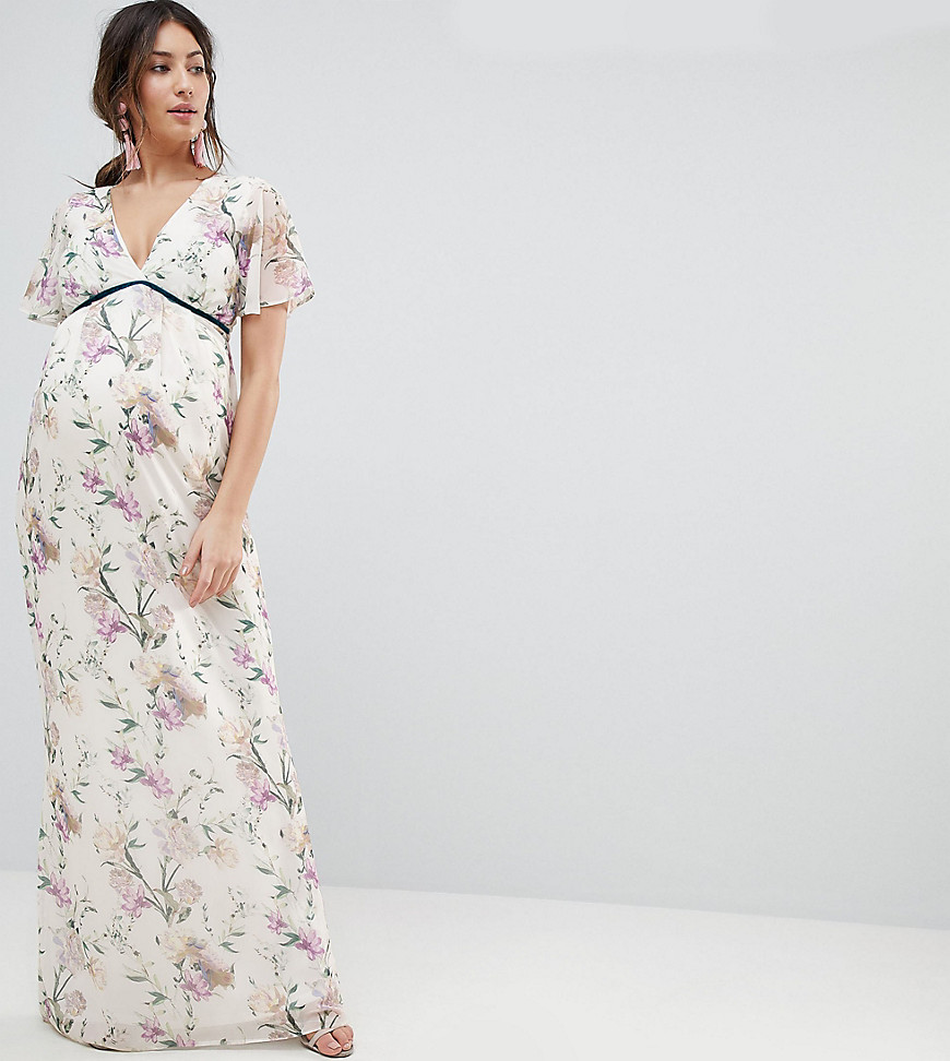 Hope & Ivy Maternity Printed Fluted Sleeve Maxi Dress With Velvet Trim - Multi