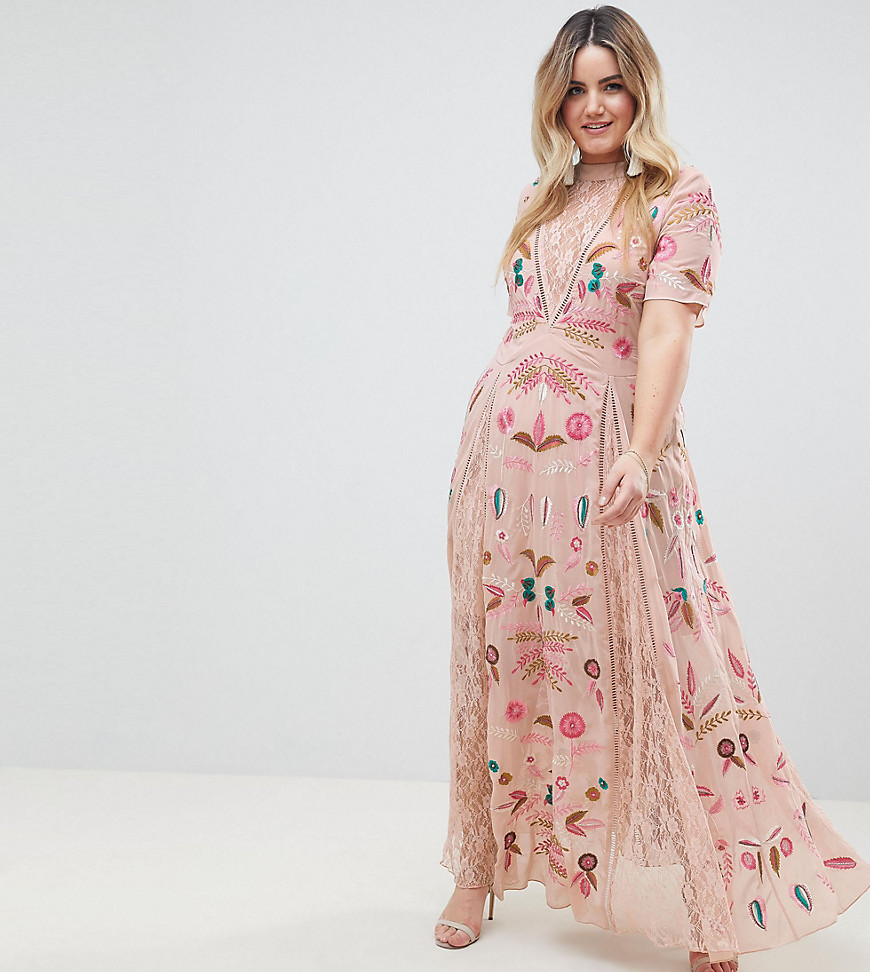 Frock And Frill Plus Allover Embroidered Plunge Front Maxi Dress - Pink