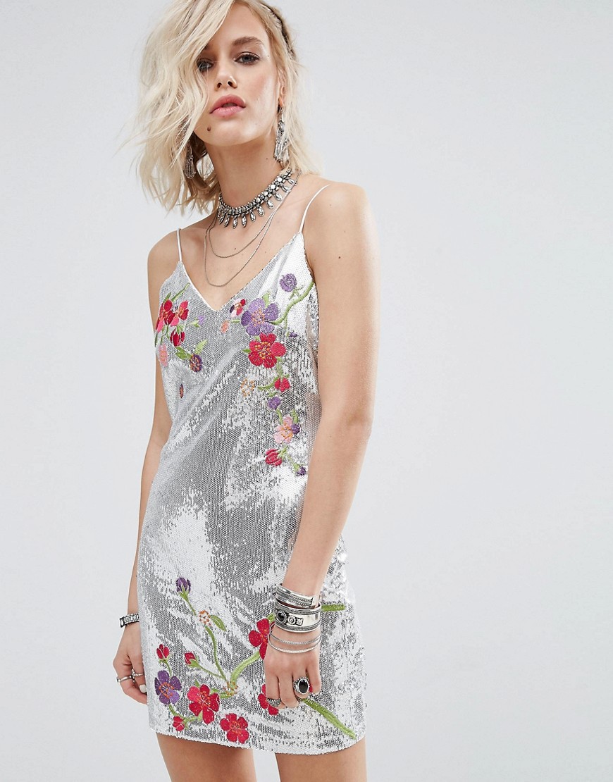 Glamorous Cami Slip Dress In Metallic Silver With Floral Embroidery