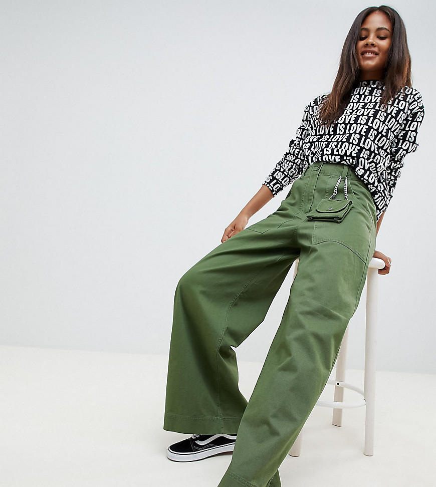 ASOS DESIGN Tall wide leg trousers with detachable bag in khaki