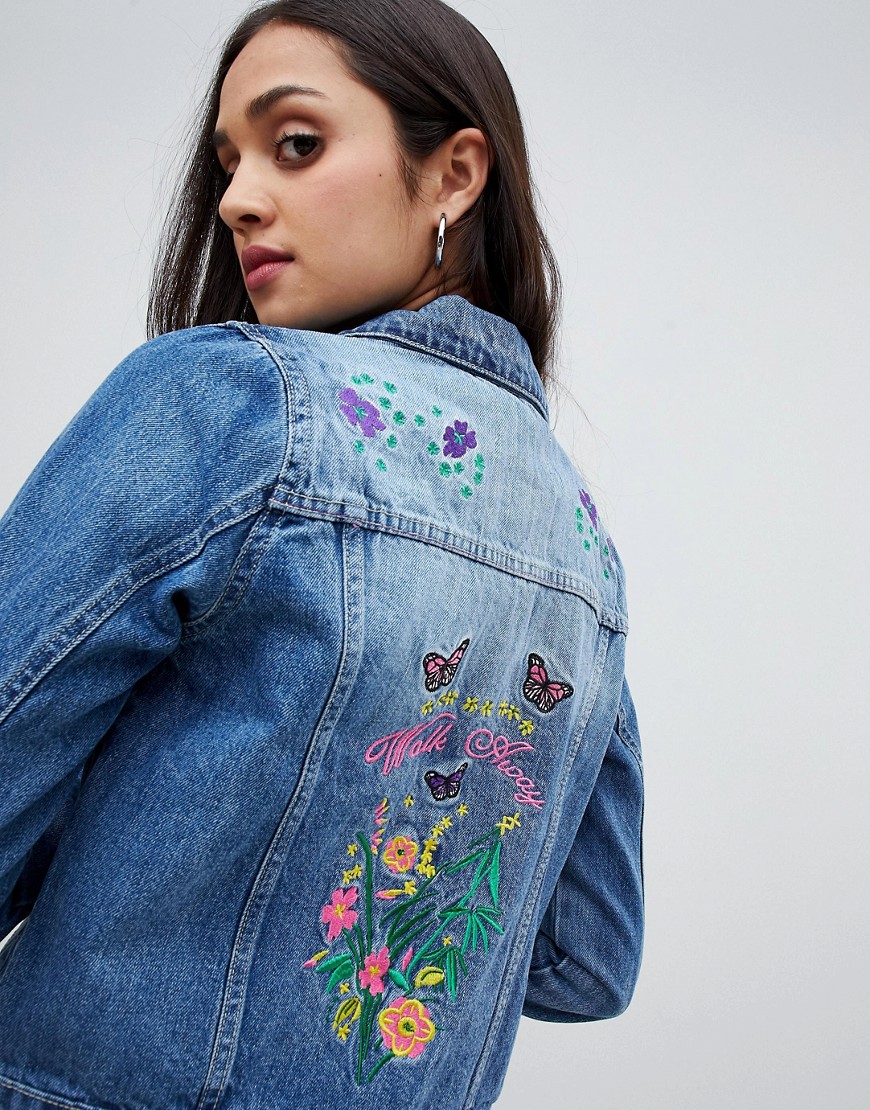 Brave Soul rosary denim jacket with floral embroidery detail