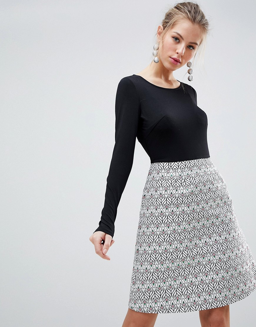 Traffic People Long Sleeve 2-in-1 Skater Dress With Printed Skirt