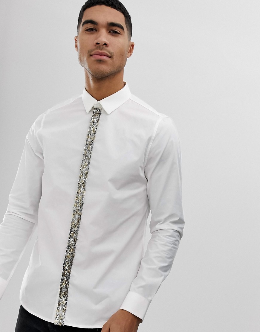 Burton Menswear sequin placket shirt in White