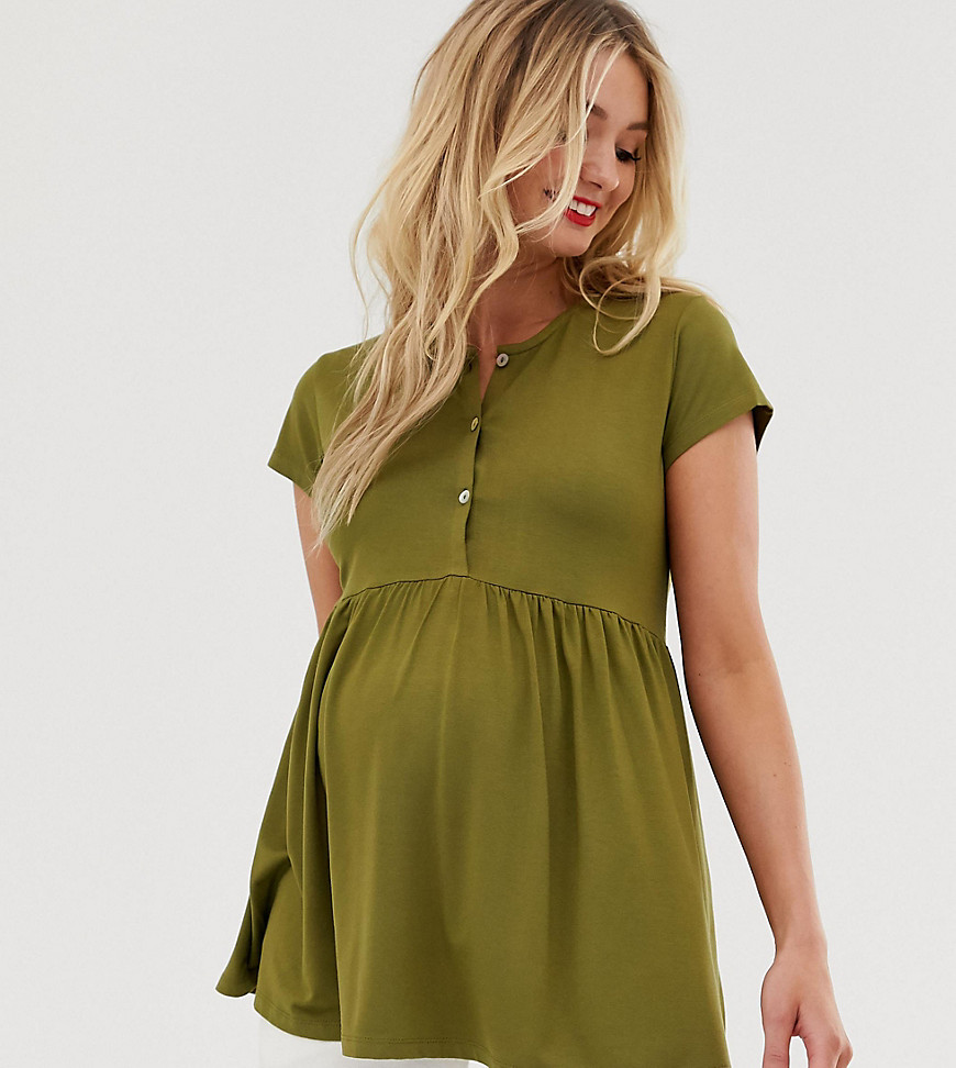 ASOS DESIGN Maternity nursing short sleeve smock top with button front in khaki