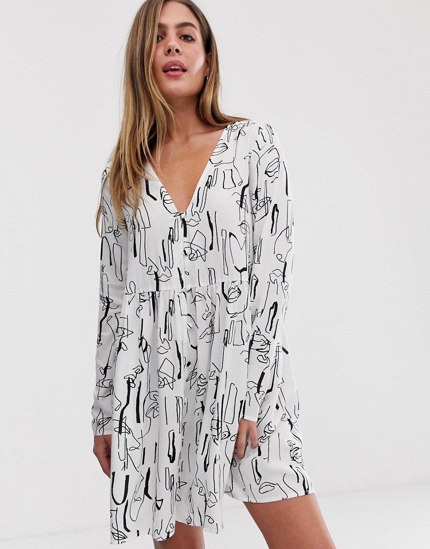 Asos Design Smock Mini Dress With Button Through In Abstract Print-multi