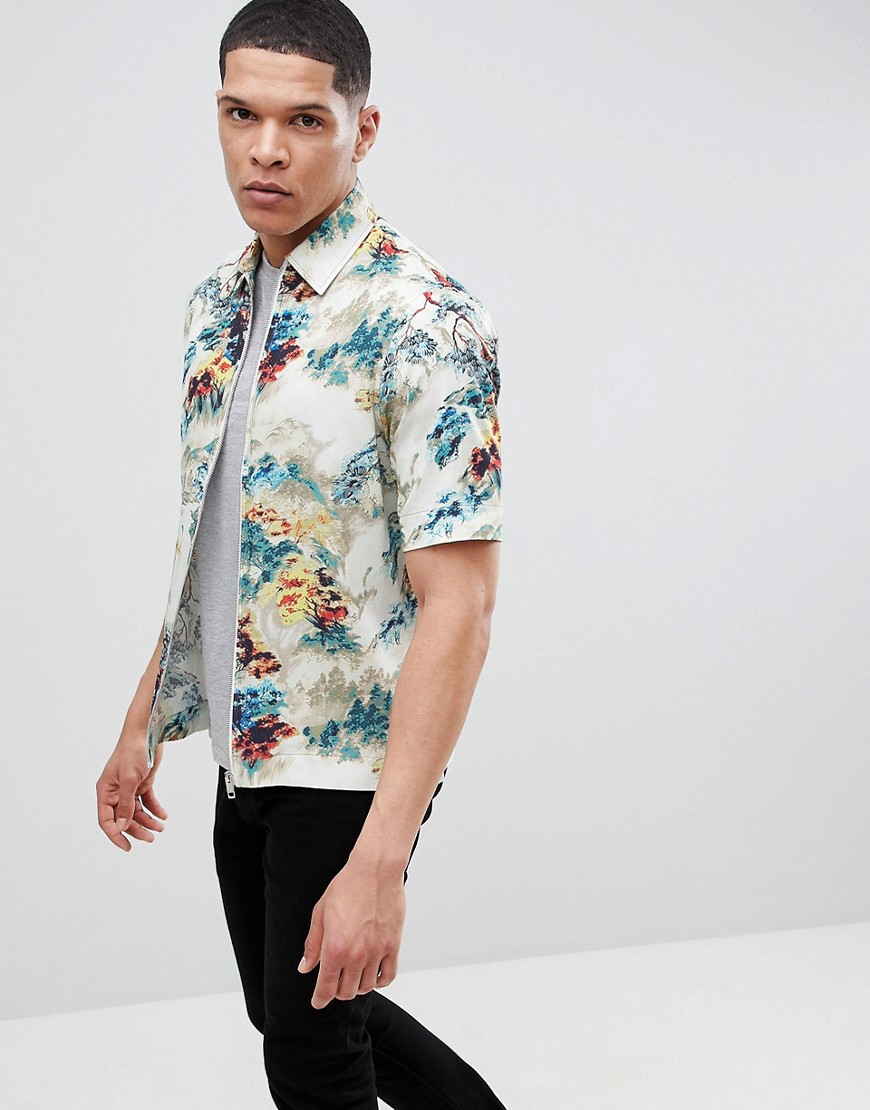 Diesel S-LINA Floral Zip Front Short Sleeve Shirt - White
