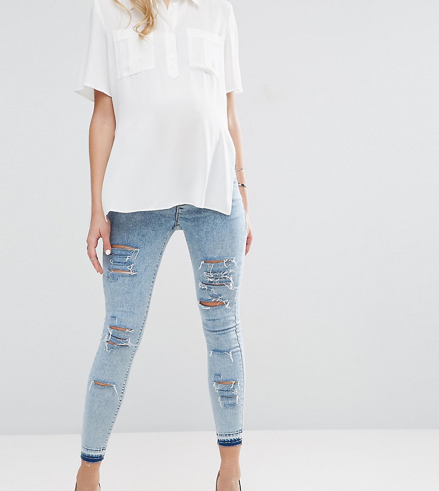 ASOS MATERNITY RIDLEY Skinny Jeans in Sebastian Light Acid Wash with Shredded Rips and Let Down Hem With Under the Bump
