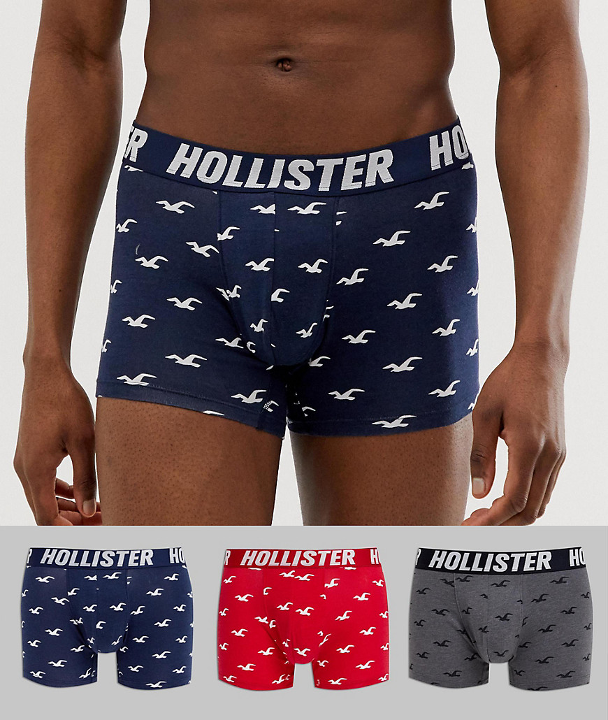 Hollister 3 pack trunks logo waistband & all over seagull print in dark grey/red/navy
