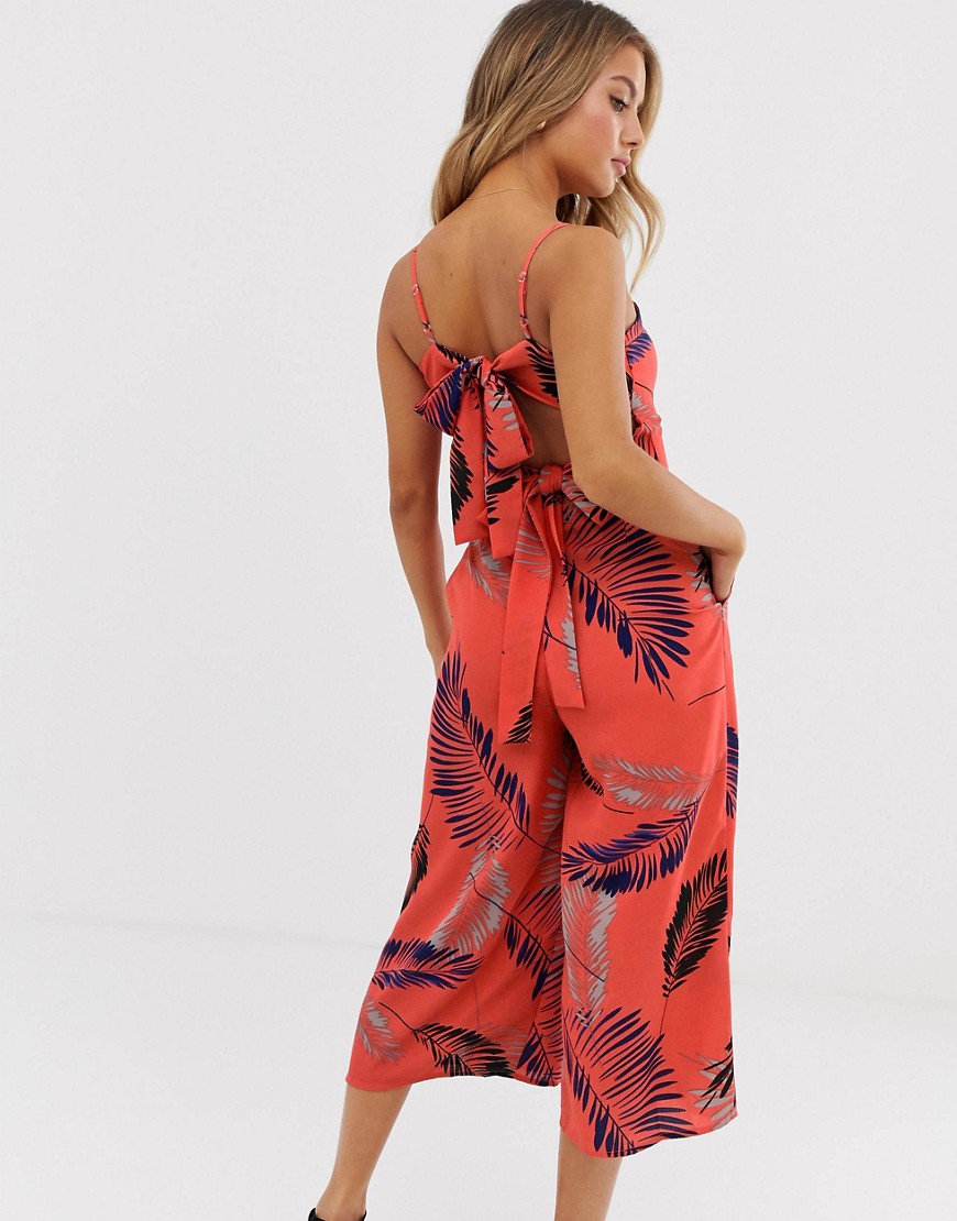 QED London culotte jumpsuit with tie back detail in tropical print