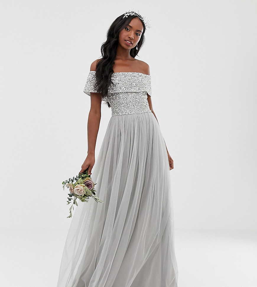 Maya Tall Bridesmaid bardot maxi tulle dress with tonal delicate sequins in silver