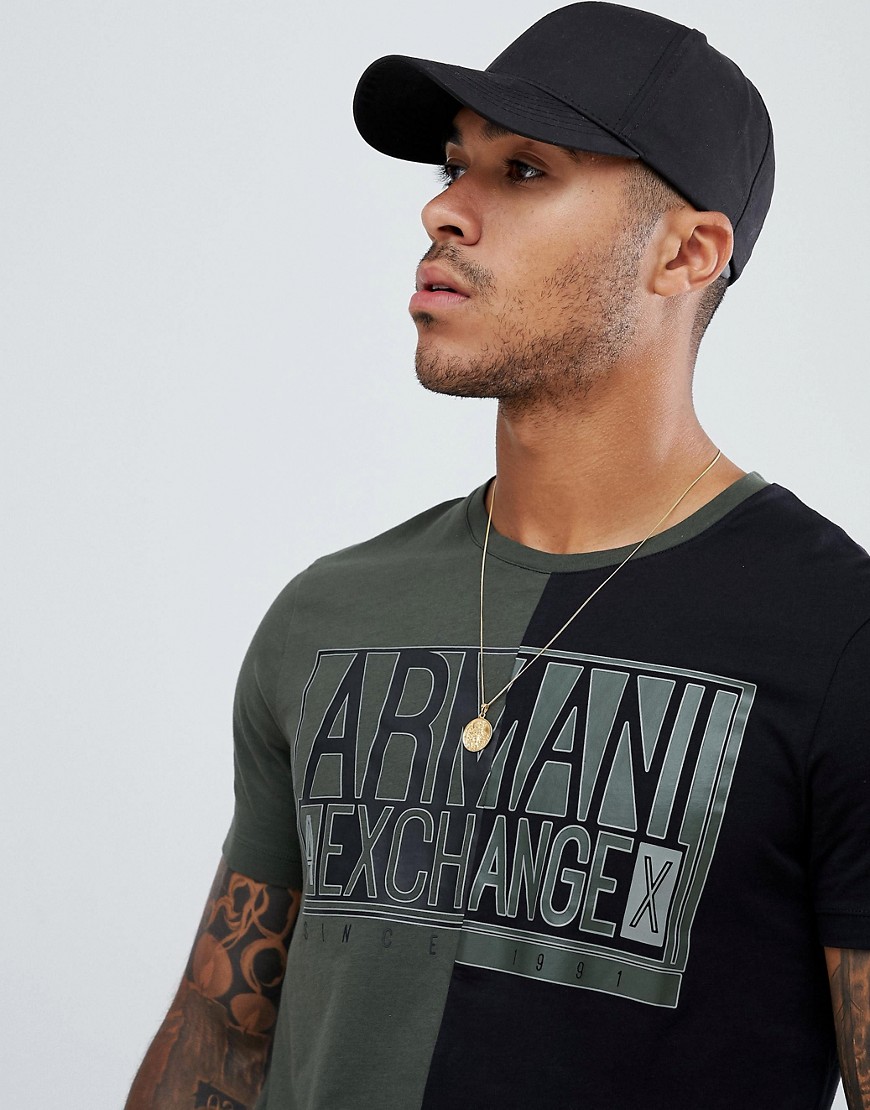 Armani Exchange box logo cut & sew t-shirt in khaki/black - Green