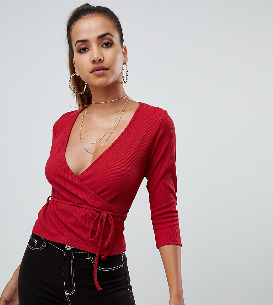 PrettyLittleThing ribbed tie side wrap top in red