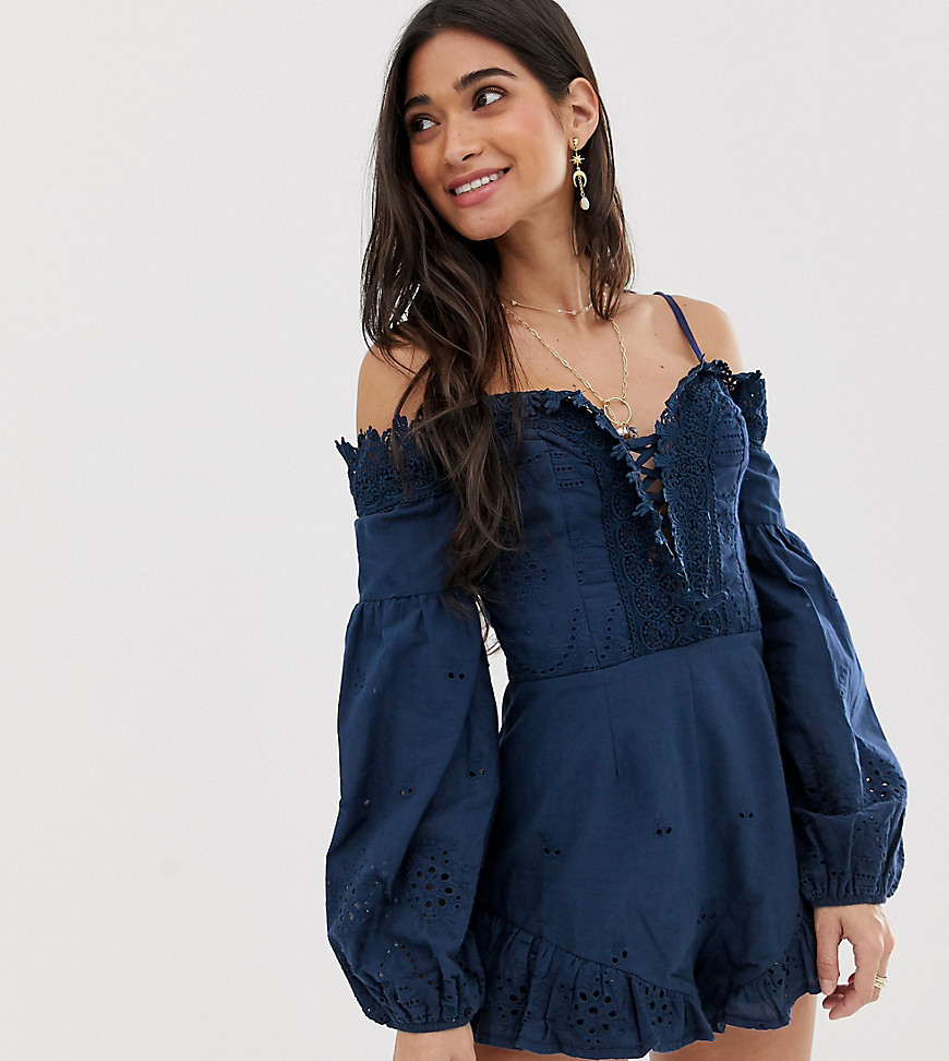 Sisters Of The Tribe Petite off shoulder playsuit with lace hem