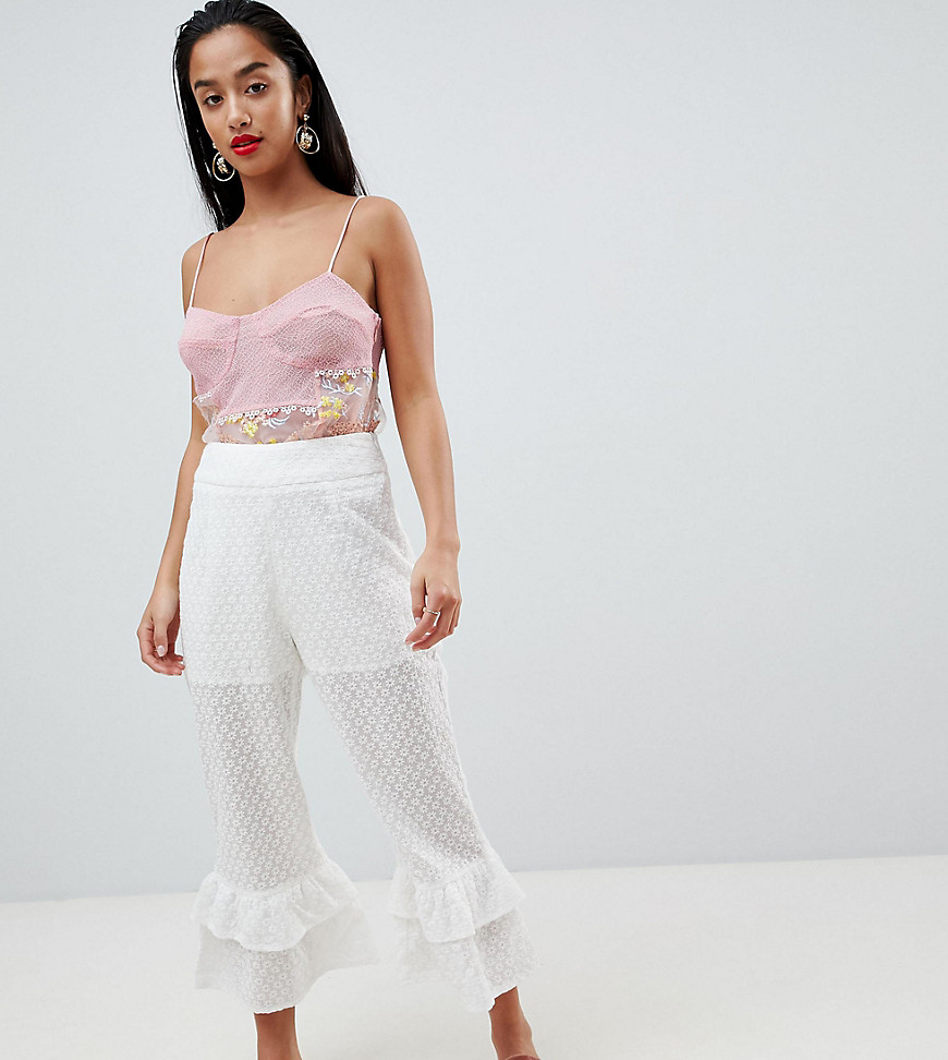 Lost Ink Petite Broderie Trousers With Tiered Peplum Hem