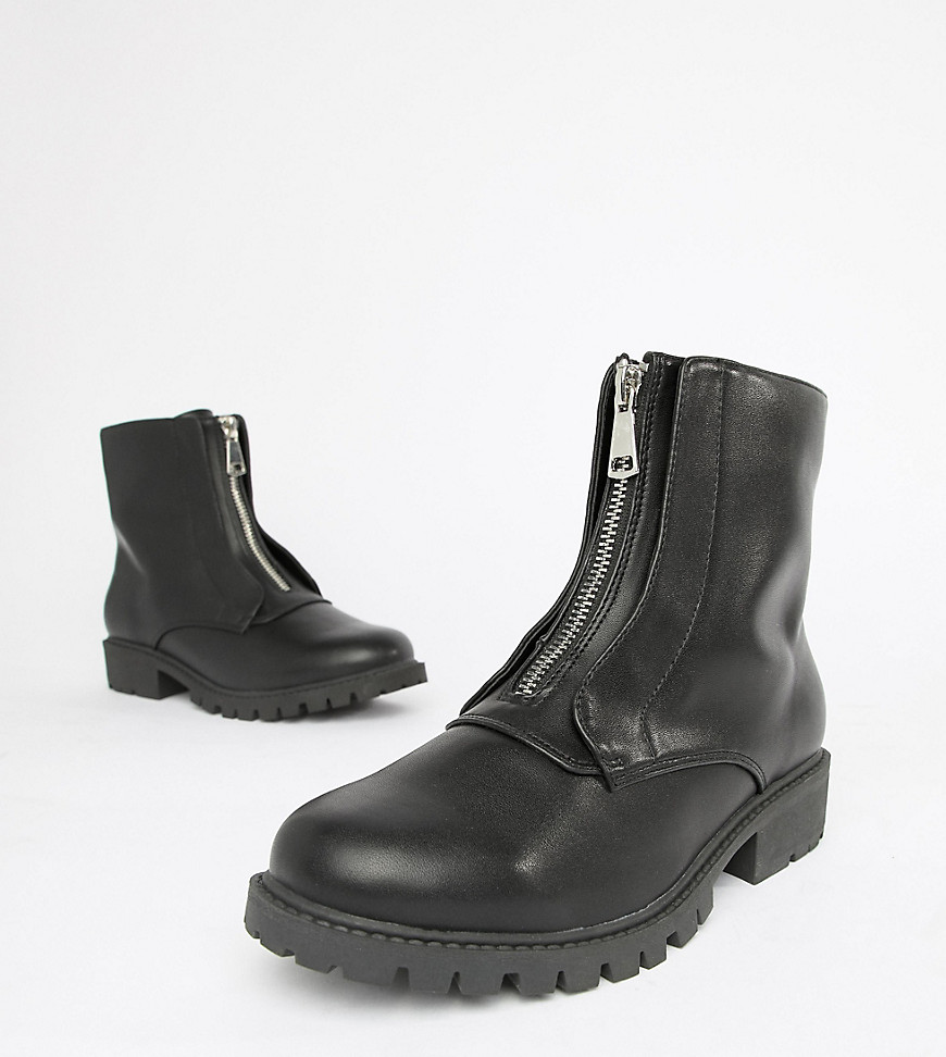 London Rebel Wide Fit Zip Up Chunky Flat Boots