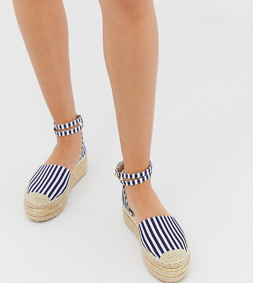 PrettyLittleThing espadrille flatform with ankle strap in blue stripe