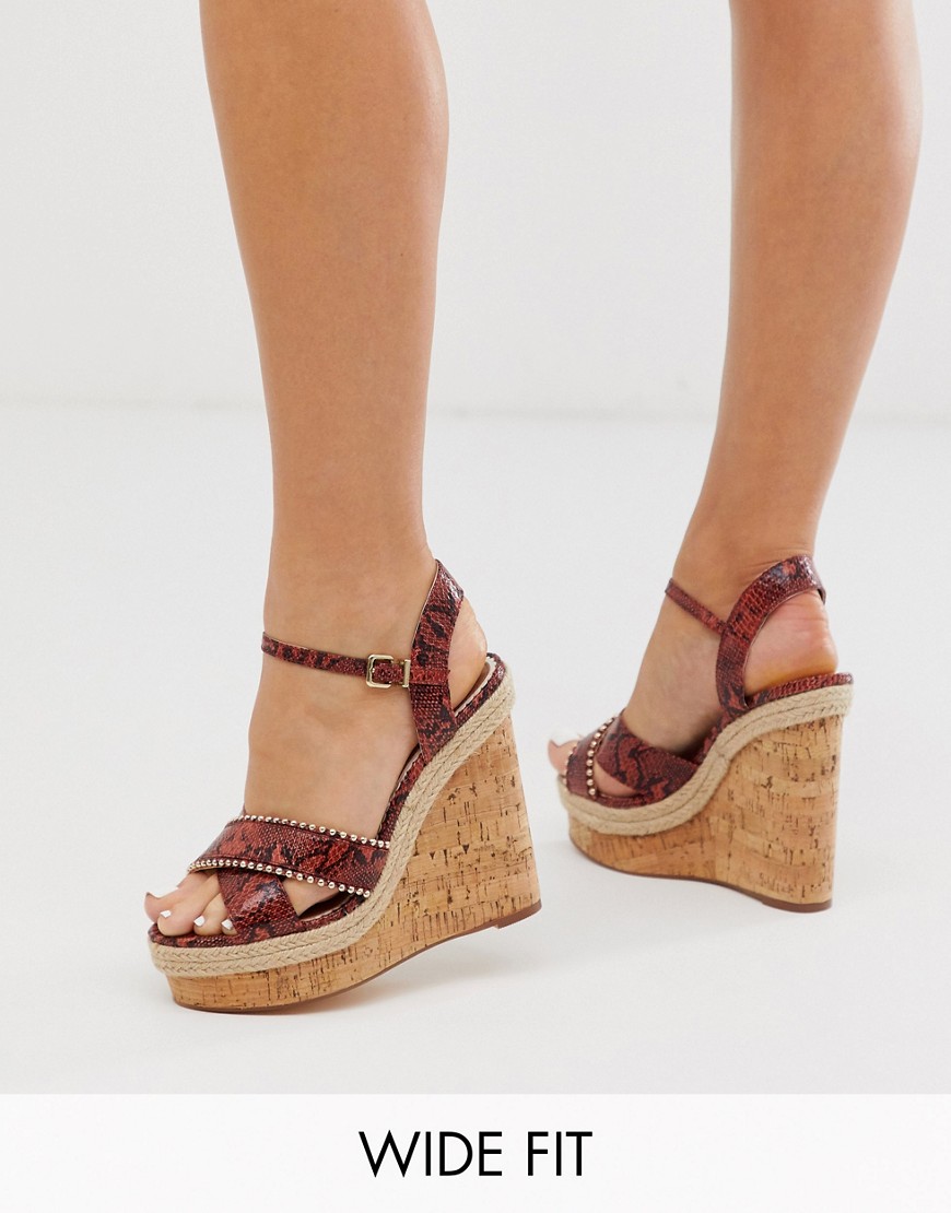 River Island Wide Fit wedges with cross over in red snake print