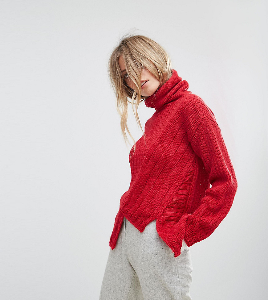 OneOn Hand Knitted Asymmetric High Neck Jumper - Red