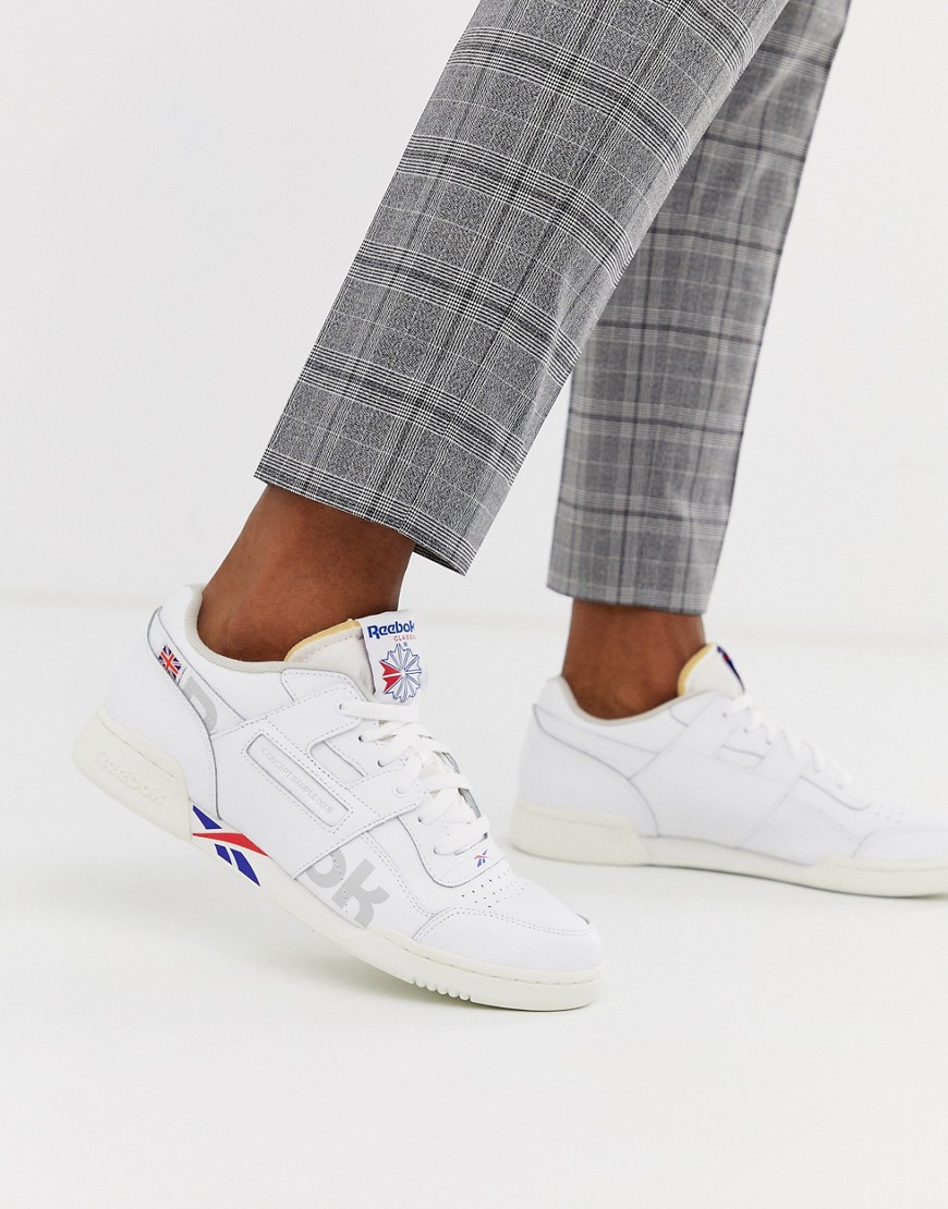 Reebok Workout Plus Mu trainers with vector branding in white
