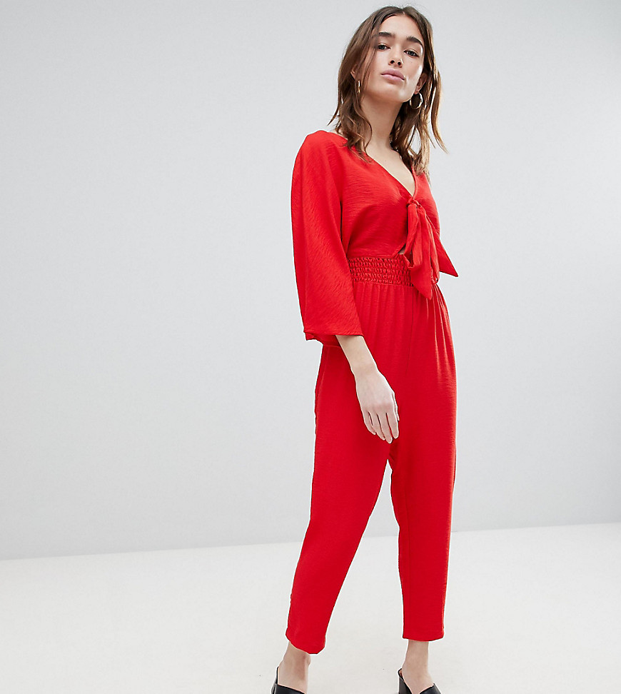 Lost Ink Petite Jumpsuit With Tie Front And Shirred Waist