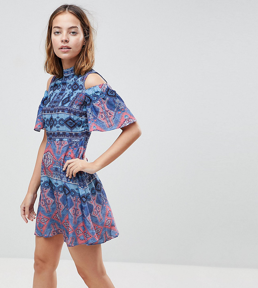 White Cove Petite Cold Shoulder All Over Printed Skater Dress