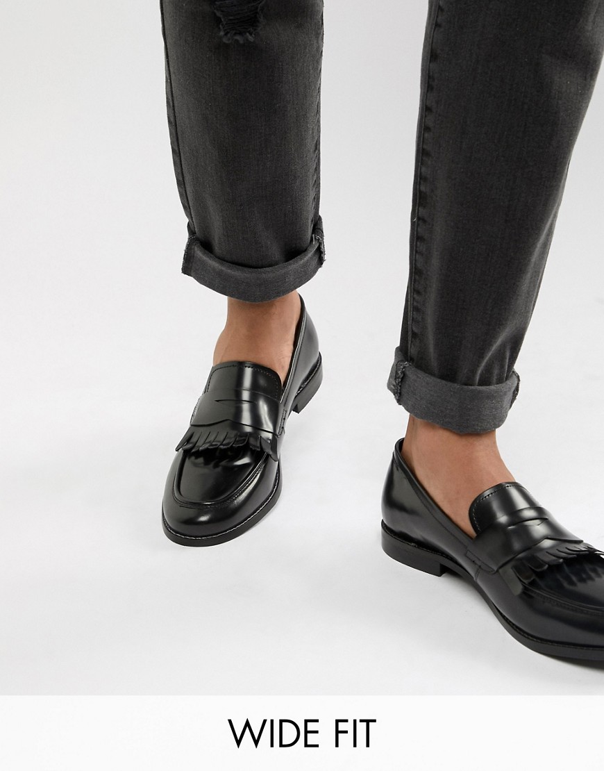 Dune Wide Fit Loafers In Black Hi-Shine Leather