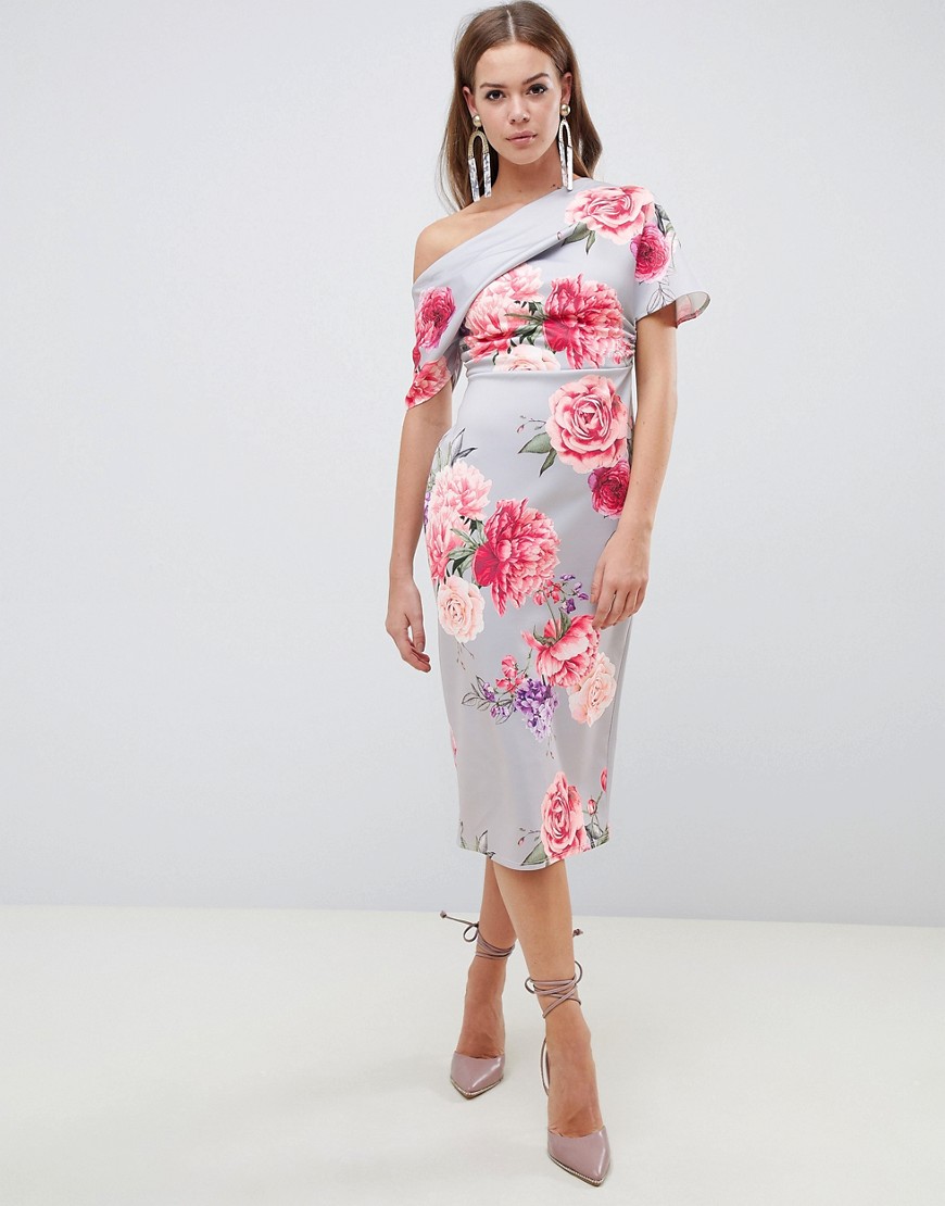 Asos Design Pleated Shoulder Pencil Dress In Large Floral-multi