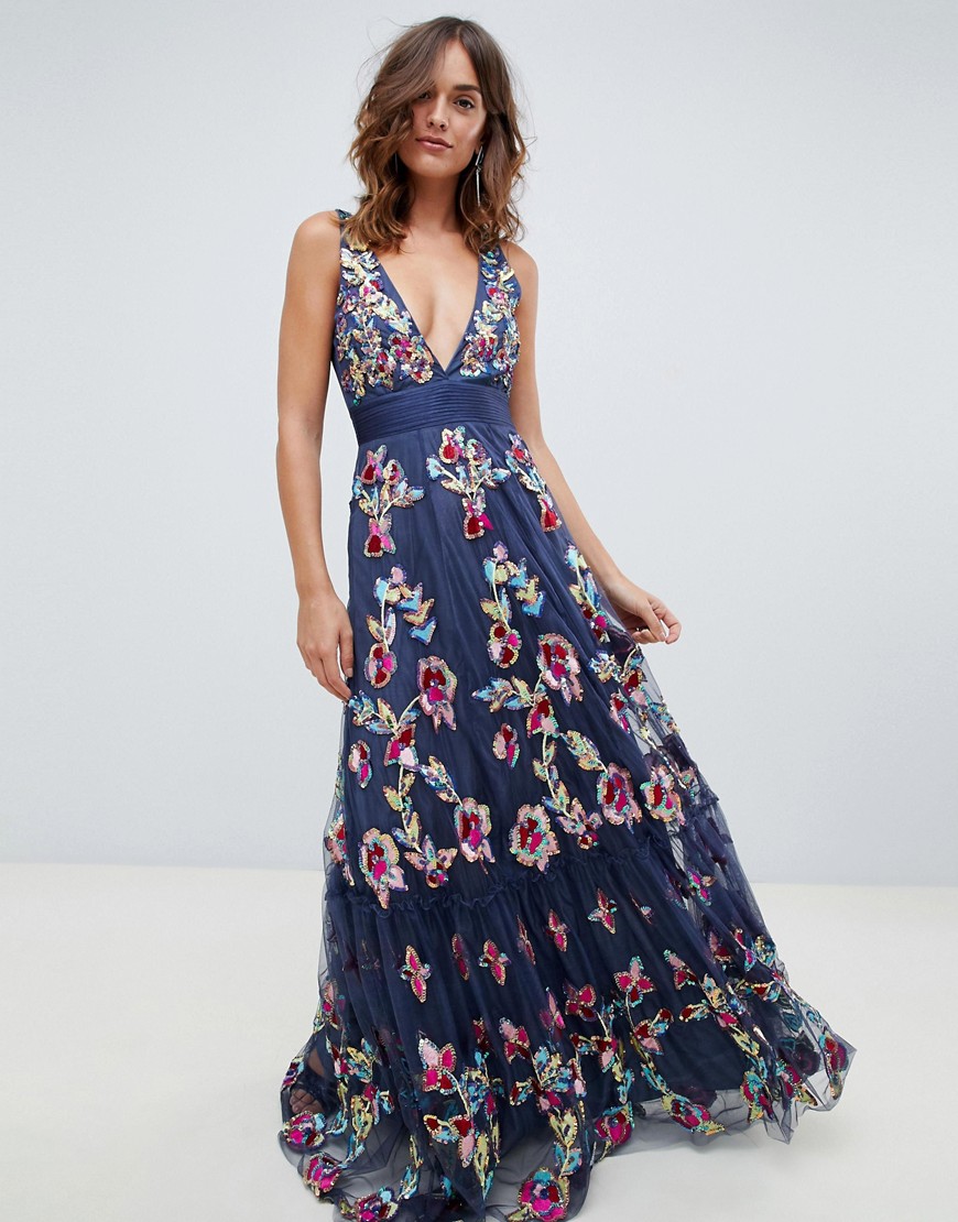 A Star Is Born embellished prom maxi dress with plunge front in multi