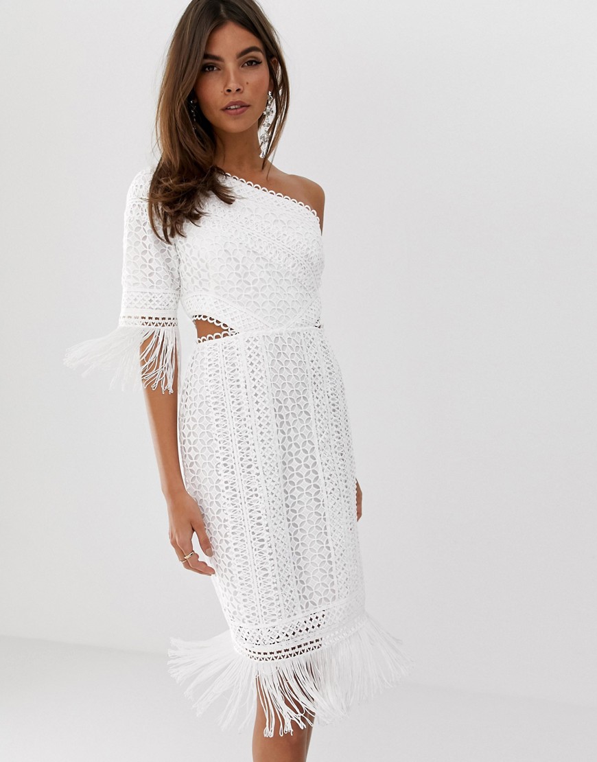 Asos Design One Shoulder Mini Dress In Cutwork Lace With Fringe Hem-white