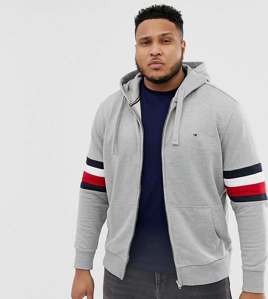 Tommy Hilfiger Big & Tall Icon Logo and Sleeve Stripe Full Zip Hoodie Relaxed Fit in Grey Marl