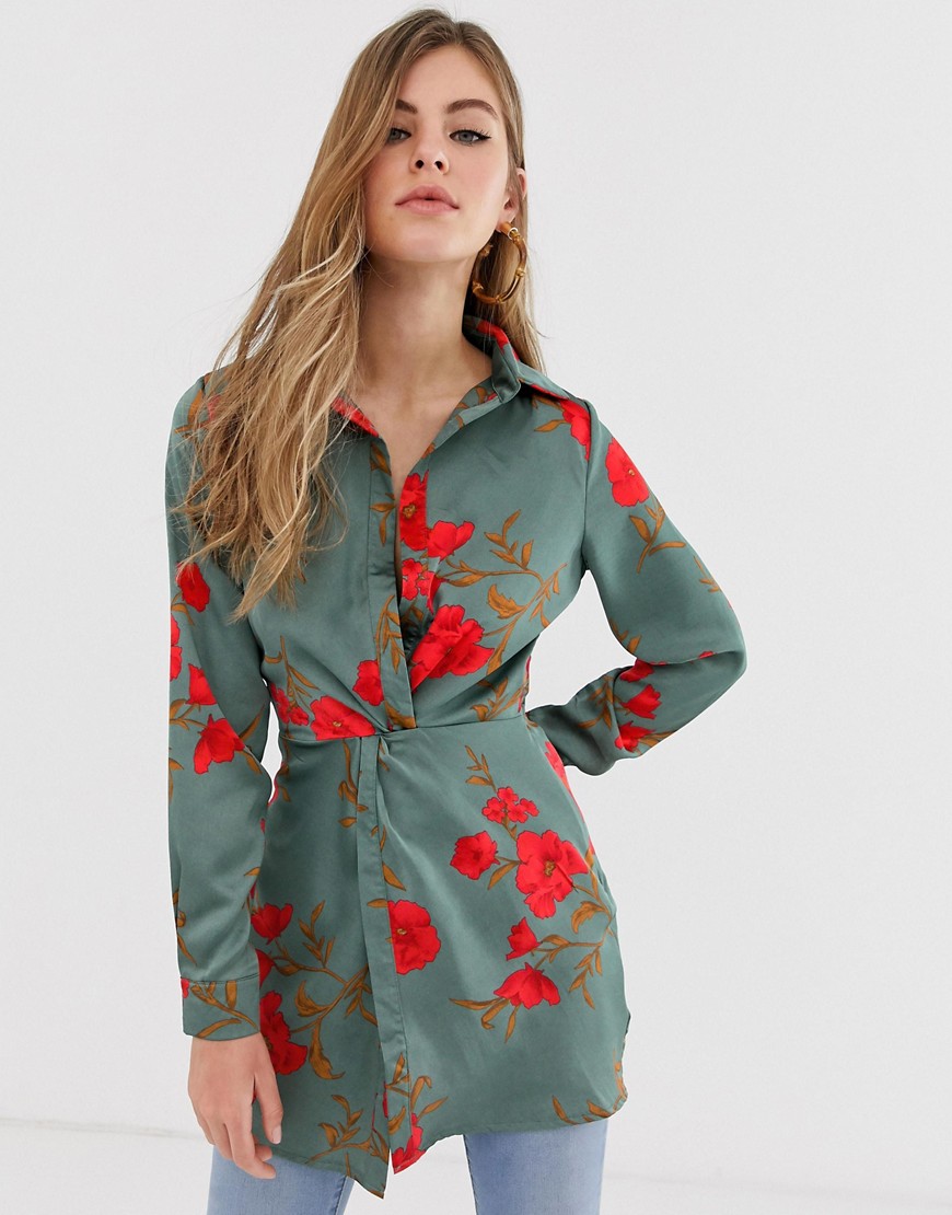 Parisian knot front shirt dress in floral print