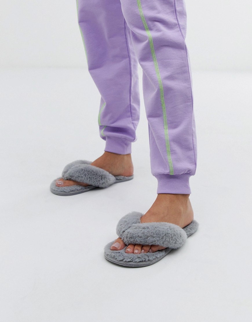 Hunkemoller fluffy faux fur thong slippers in grey