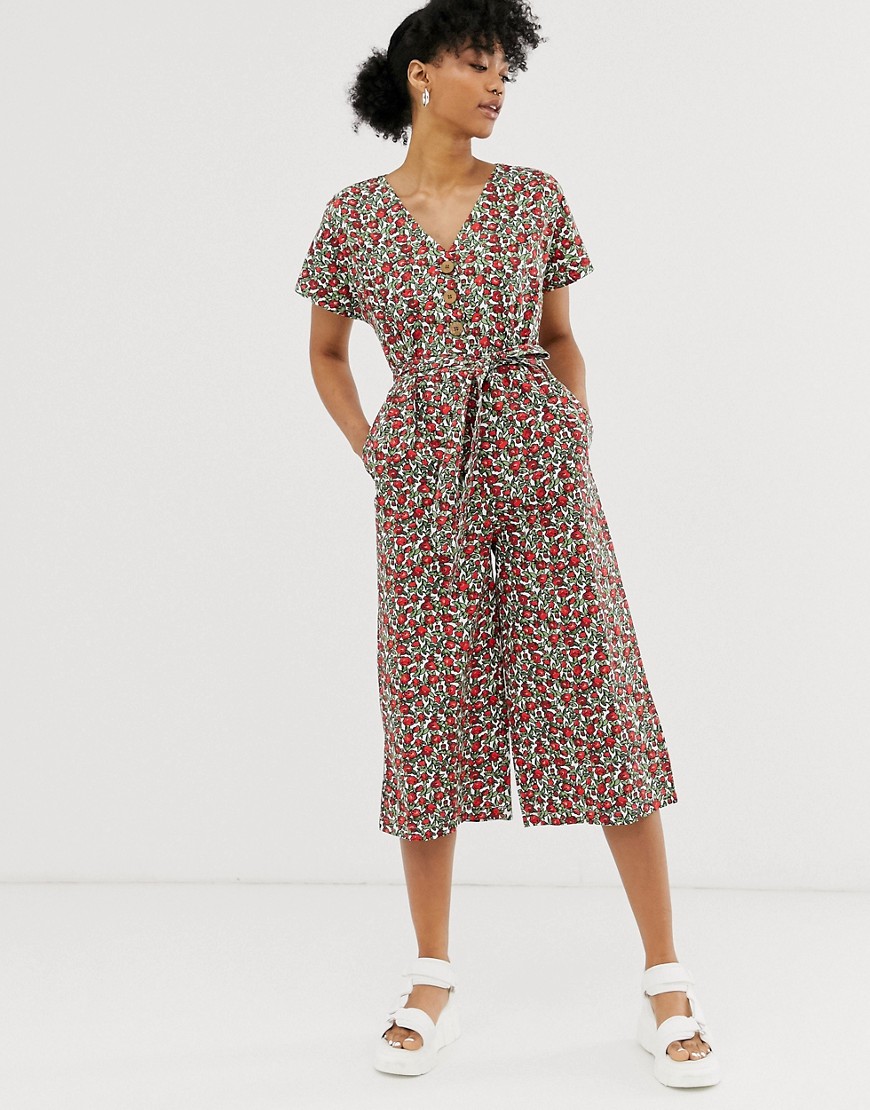 Monki jumpsuit with tie waist and button detail in red floral print