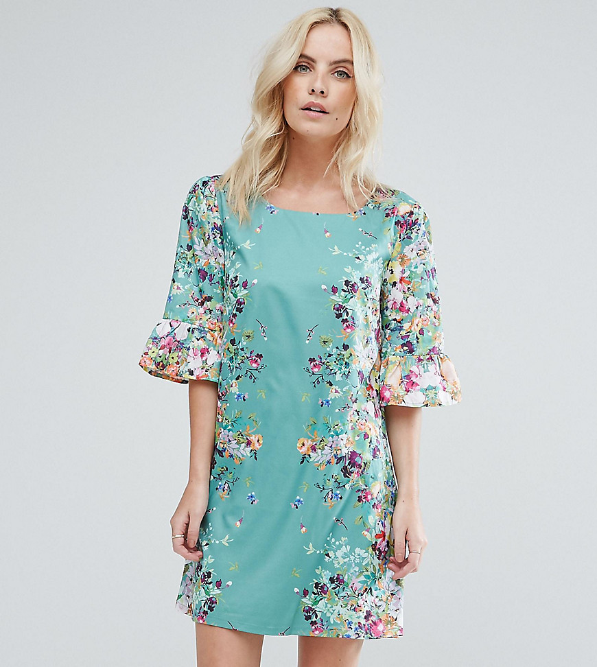Yumi Petite Swing Dress In Border Print With Frill Sleeves - Green
