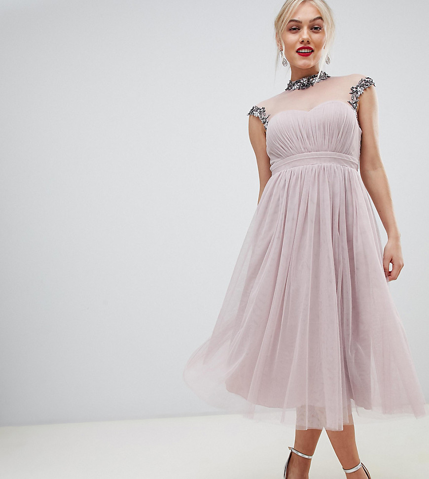 Little Mistress Petite midi prom dress with embellished collar and sleeves