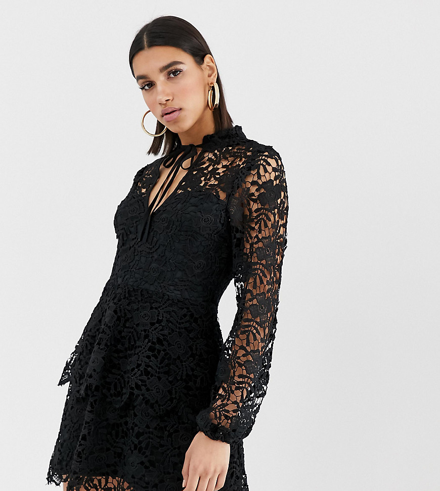 Missguided mini dress with crochet layer detail and tie front in black