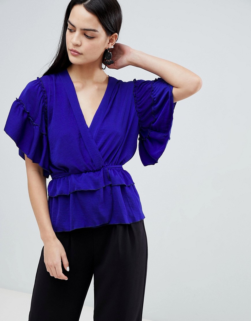 Flounce London ruffle detail blouse with tie waist in royal blue