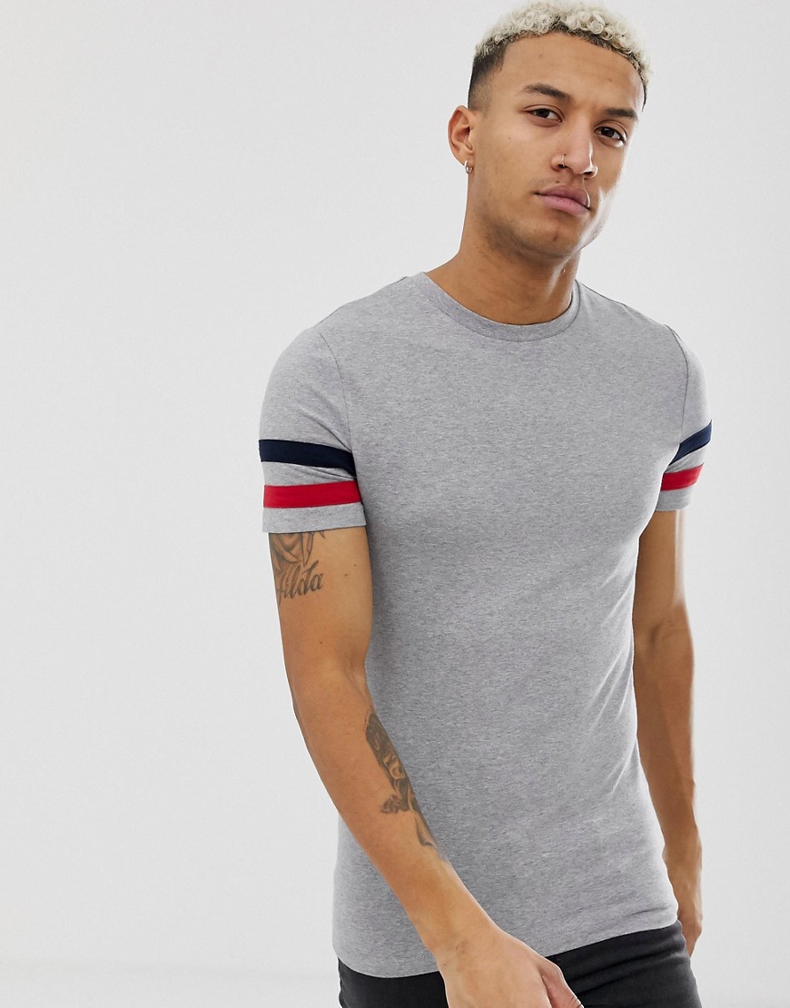 ASOS DESIGN organic cotton muscle fit t-shirt with stretch and  contrast sleeve stripe in grey