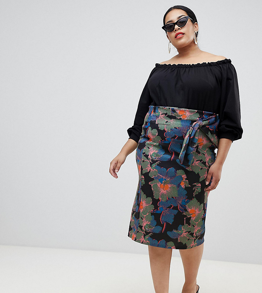 Lost Ink Plus Midi Pencil Skirt With Paperbag Waist In Oversized Bloom